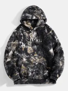 Men's Fall Winter Casual Sportswear, Letter Embroidery Tie-Dye Fleece Hoodie, Fitted Warm Fashion Long Sleeve Sweatshirt, Comfortable and Stylish