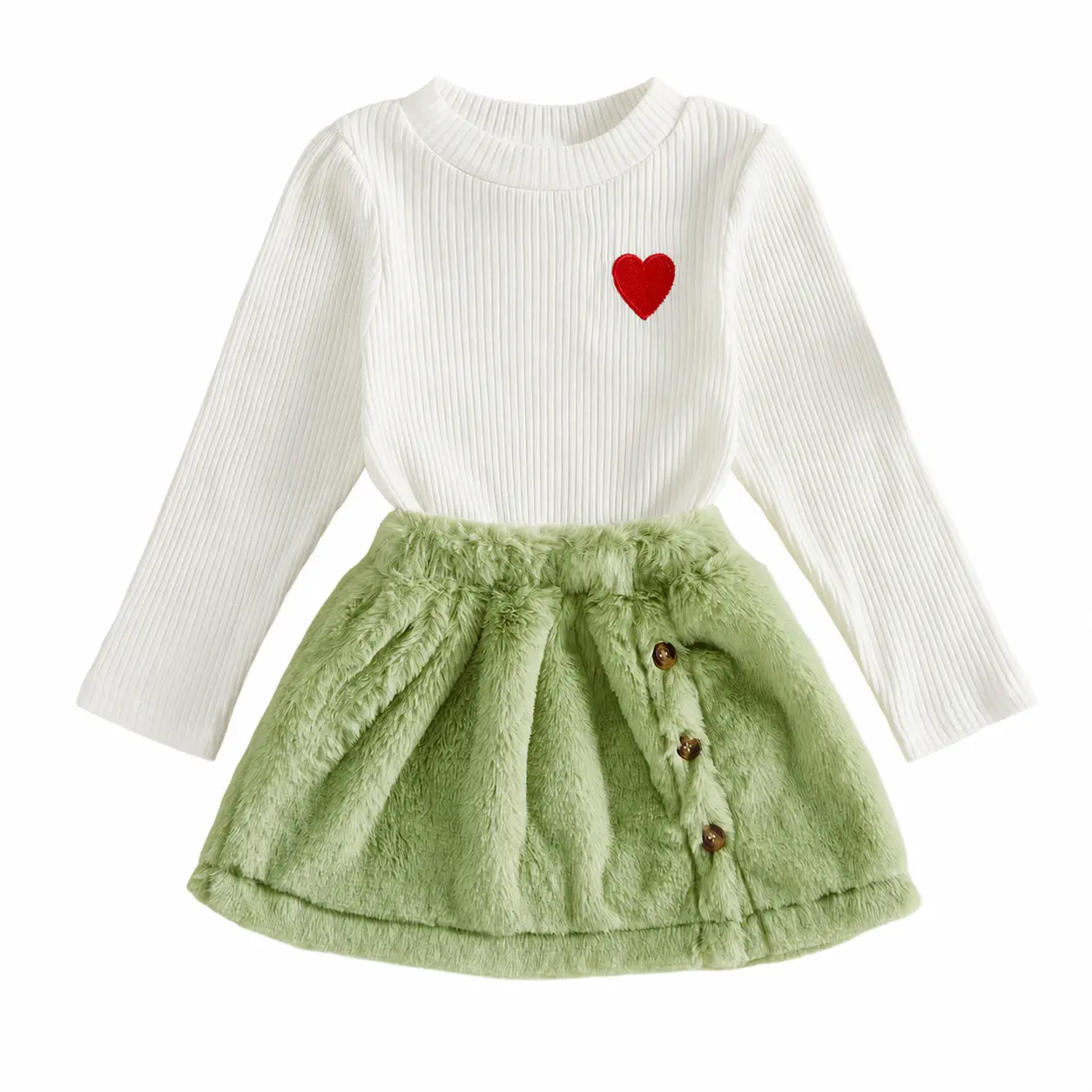 Girls Long Sleeve Crewneck Top & Fuzzy Skirt 2 Piece Outfit Soft Casual Fall Set for Toddler