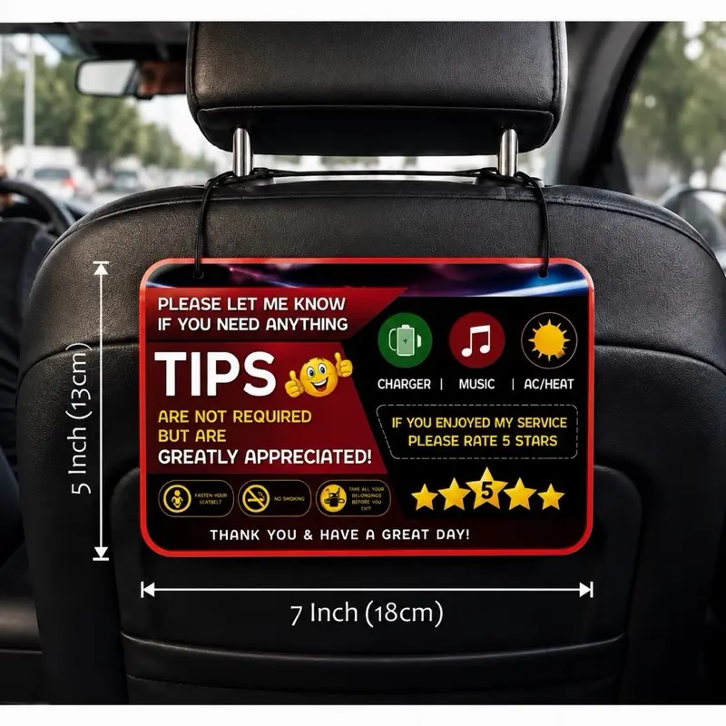 Five Star Rideshare Driver Sign - Tips & Rating Reminder for Taxi and Car Drivers