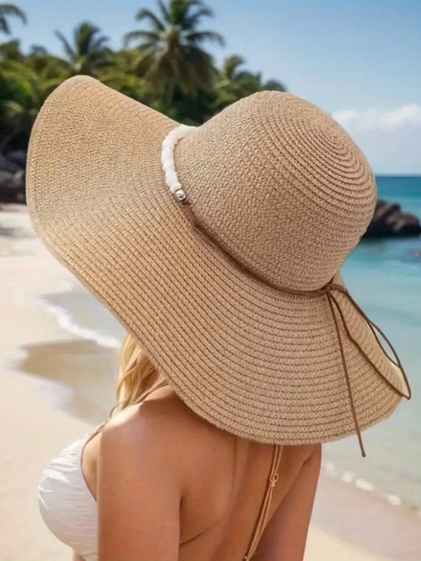 Boho Straw Hat with Drawstring, Foldable Wide Brim Adjustable, Comfortable Breathable Fisherman Hat for Summer Beach Vacation, Summer Outdoor Hat