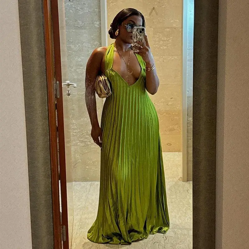 women's clothing autumn new sweet and fresh neck V-neck backless pleated super pendulum dress