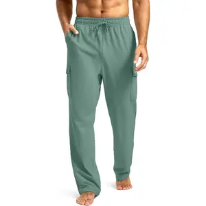 Men's Cotton Sweatpants with Cargo Pockets Open Bottom Yoga Pants for Men Lounge Pants for Athletic Workout Casual