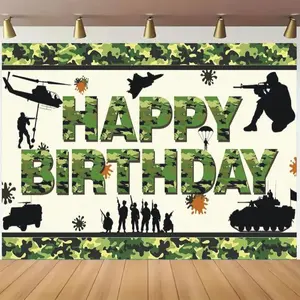 1pc 2D Flat Military-themed Birthday Party Backdrop - Ft/ft Camo with Army, Helicopter & Tank Decorations - Polyester Banner for Cake Table & Photo Booth
