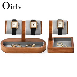 Oirlv High-end Wood Watch Display Stand Microfiber Jewelry Organizer Storage Earrings Rings Bracelets Display Storage Watch Holder Gift for Exhibitions and Home Use Grey