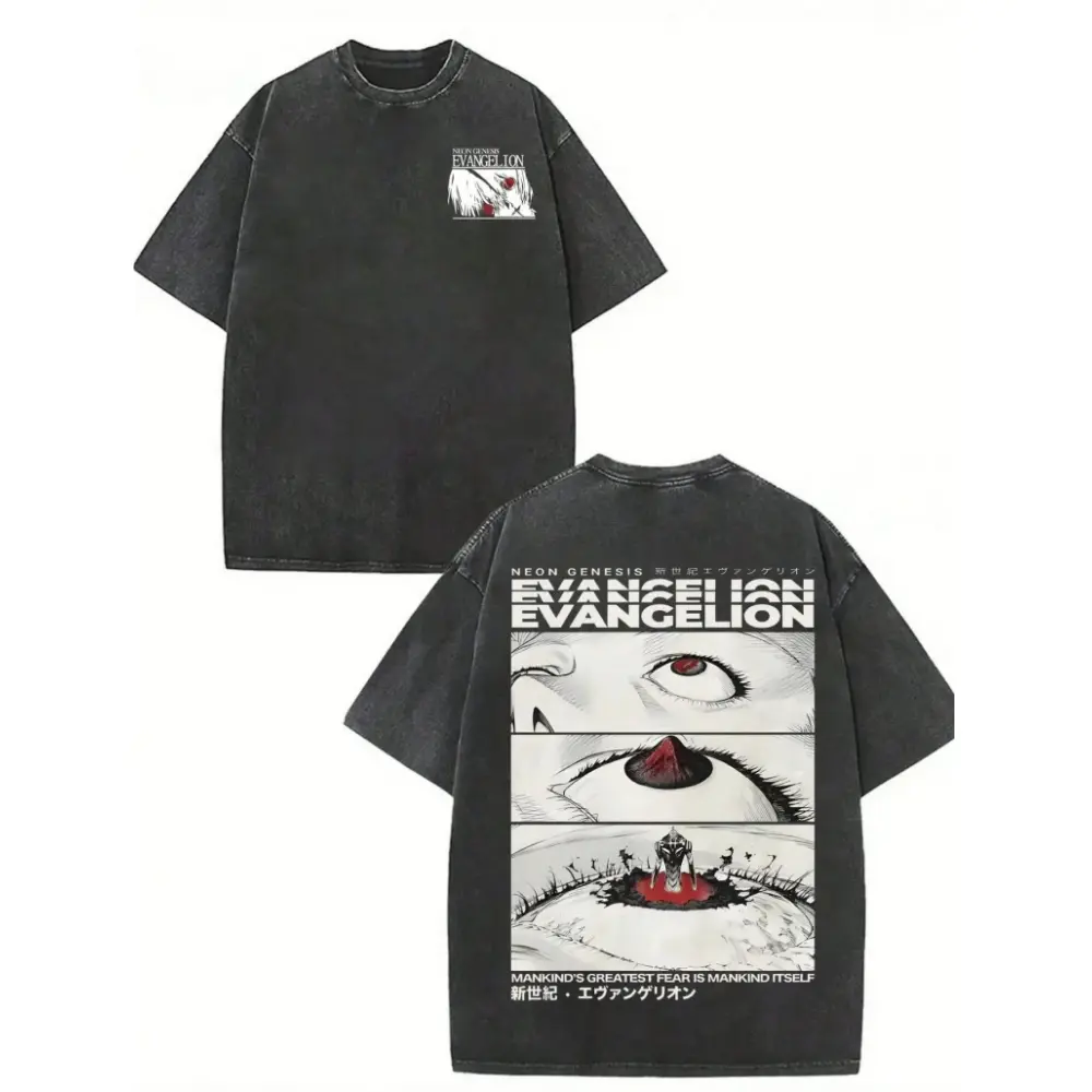 Neon Genesis Evangelion NGE Oversized Graphic Tee Vintage Acid Wash Anime T Shirt Y2K Streetwear Gym Pump Cover Rei Ayanami Retro Manga Merch Tiktok Finds Trendy Dark Aesthetic Workout Fit Casual Top Mens Heavy Cotton Japanese Mecha Grunge