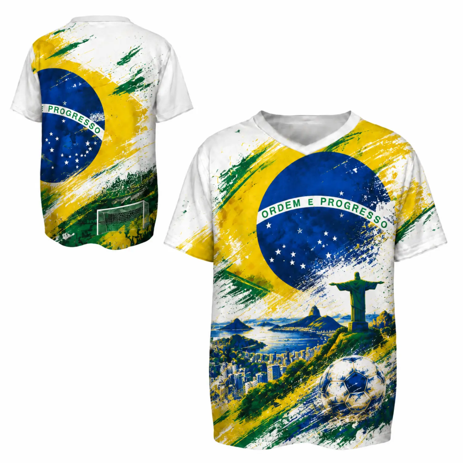Brazil Flag Paint Splatter Soccer Jersey, V-Neck Football Shirt, Match Day Sports Fan Apparel with Bold Graphic Design