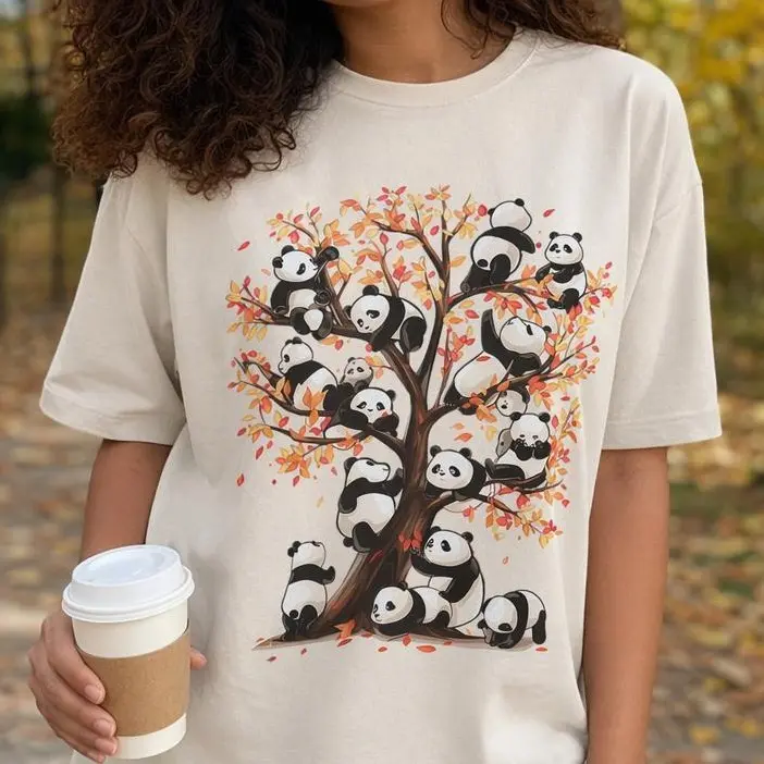 Cute Panda Shirt Women Fall Tree Graphic Tee Animal Lover Plus Size Top
