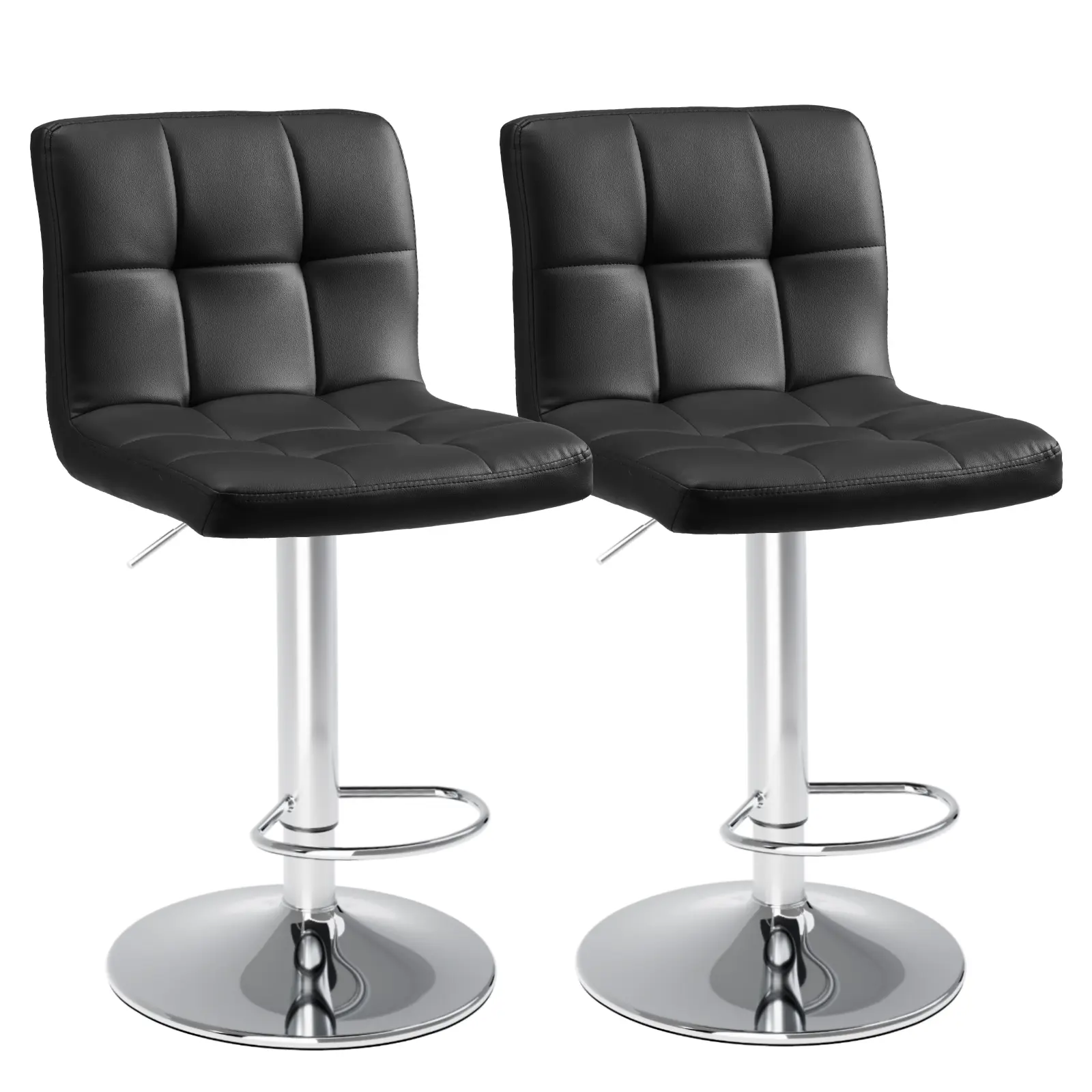 Adjustable Fit Barstools Set of 2, Light Black Armless PU Leather Swivel Bar Stools, Hydraulic Kitchen Counter-Height Chairs with Thick Seat Cushion and Back for Island Countertops