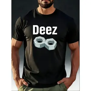 merch shirts Men'S Plus-Size Casual Black T-Shirt Made Of, Weighing 180G, Featuring Short Sleeves And a 'Deez Nuts' Design. It'S Breathable And Comfortable, Suitable for All Seasons And Machine Washable, Making It an Ideal Gift for Festivals,