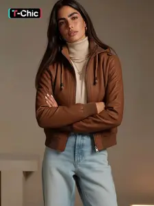 Women's Solid Color Zip Up Hooded Faux Leather Fitted Jacket Coats, Casual Long Sleeve Outerwear for Daily Wear, Ladies Clothes for All Seasons, Womenswear