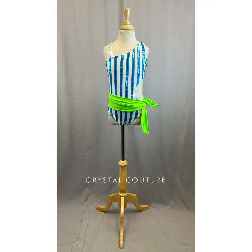 White and Blue Striped Cutout Leotard With Green Sash