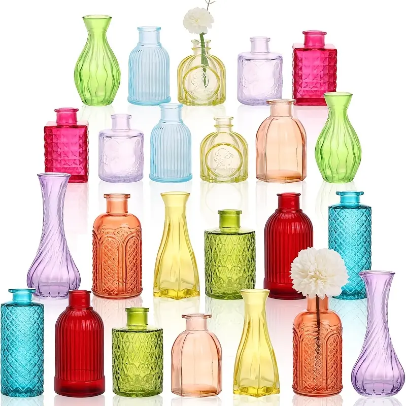 24 Pack Colorful Glass Bud Vase Set, Small Colored Vintage Vases for Centerpieces, Decorative Flower Vases for Wedding Home Table Decor