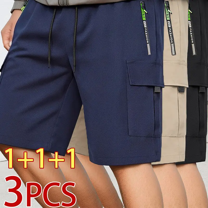 3PCS Men’s casual cargo shorts, featuring a double-pocket design, perfect for summer wear