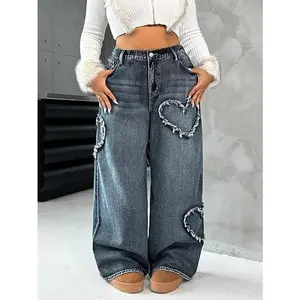 High Waisted Wide Leg Jeans, Heart Pattern Distressed Denim, Blue Wash Baggy Pants