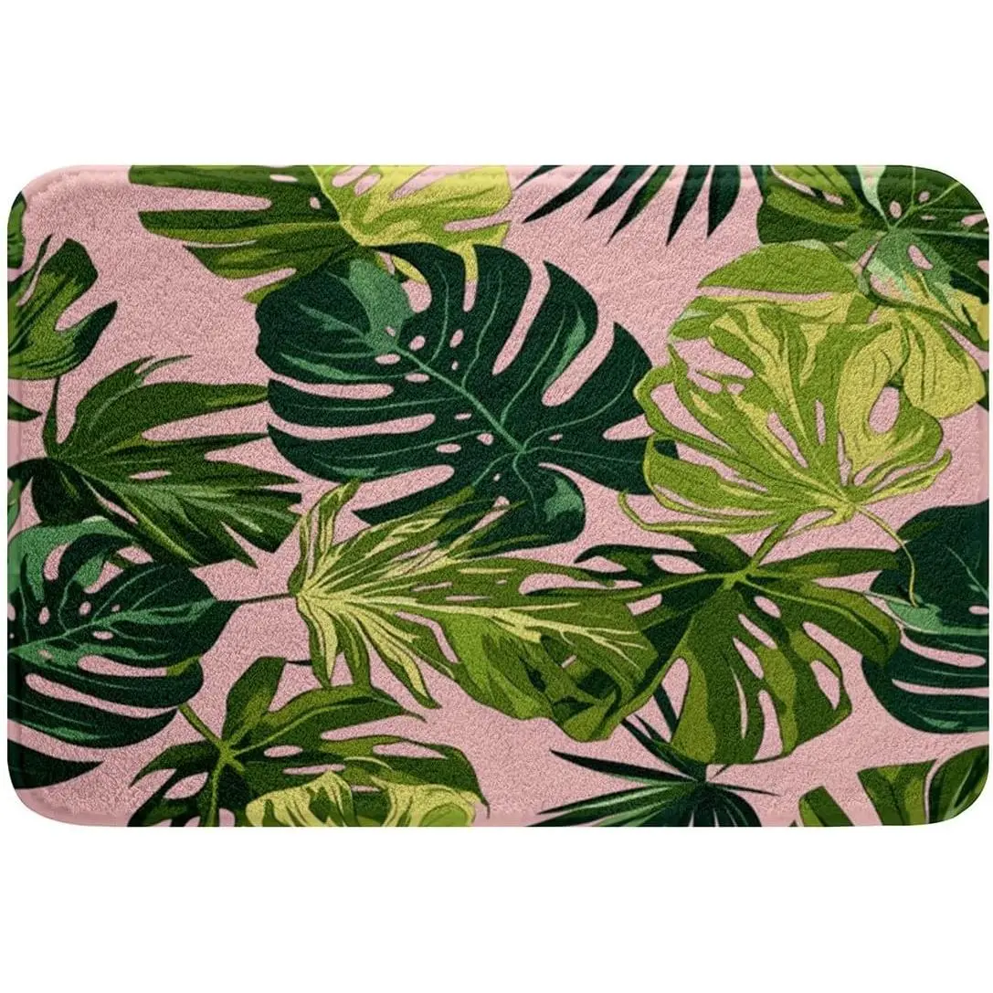 Palm Leaf Bathroom Rug Mat Hawaiian Tropical Leaves Non-Slip Absorbent Bath Mat Bathroom Tub Door Mat Ultra Soft Machine Washable Pink Green Bath Rugs Bedroom Living Room Kitchen