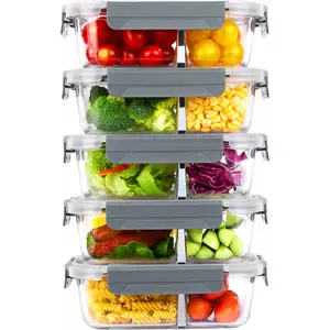 5Pack 33oz Glass Food Storage Containers with Lids, Meal Prep Containers 2 Compartments, Airtight Lunch Containers Bento Boxes with Snap Locking Lids for Microwave, Oven, Freezer