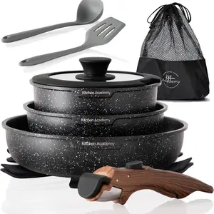Removable Handle Induction Pots and Pans Set - 10 Piece Non-stick Cookware Sets, Black Granite Stackable RV Cookware for Camp