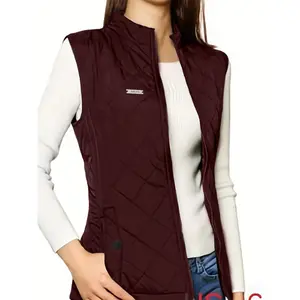 Women's Navy Blue Polyester Zip-up Sleeveless Lapel Patch Quilted Puffy Vest with Pockets for Fall & Winter Casual Wear UX141590