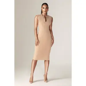 Lianna Deep Slit Neckline Midi Dress - Khaki | Stretchy Sleeveless Slim-Fit Bodycon Dress - Elegant Cocktail, Dinner Date, Formal & Casual Wear Outfit for Women - Womenswear Fashion