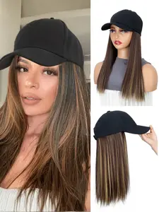 Women's European Style Baseball Cap Wig, Medium Long Straight Hair Bobo Head, Lockbone Length, Daily Wear, Fake Hair, Synthetic Wigs