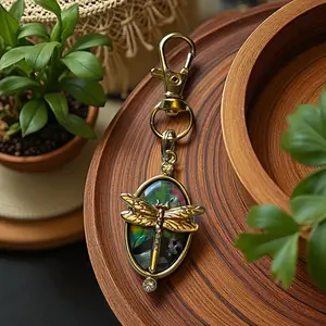 Abalone Dragonfly Purse Charm Gold Insect Keychain with Etched Boho Details Handcrafted Zipper Pull for Nature Lovers Gold Toned with Synthetic Abalone Mother of Pearl Accents