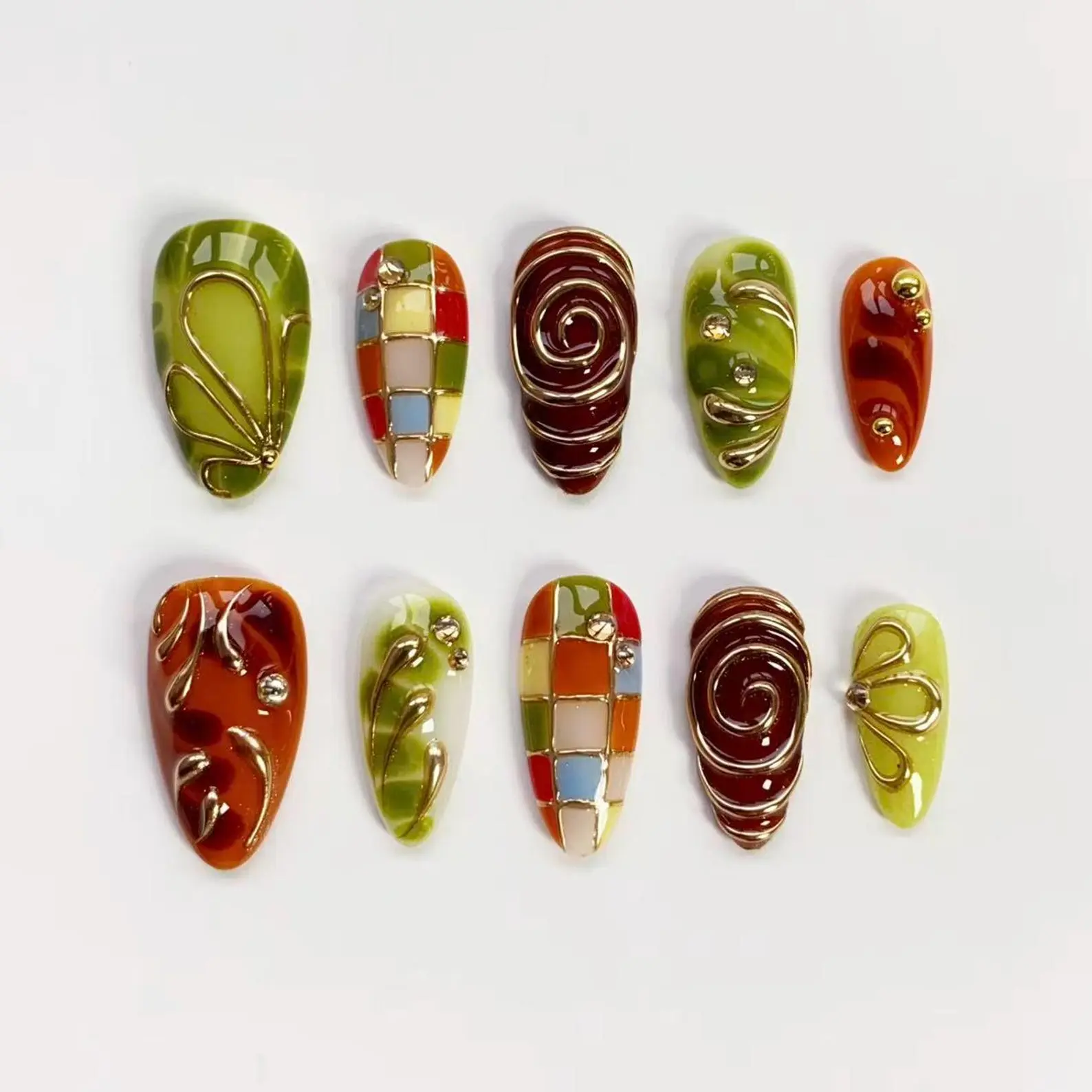 Green Plaid Nails/Spring Dreamy Press on nails long almond nails/Brown Nails/3D Gold Chrome nails/Garden Nails/Swirl nails/Custom nails
