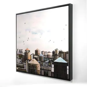 Begin Home Decor 2081-2424-CI266 24 x 24 in. Contemporary Canvas - Water Towers with Birds Framed Art