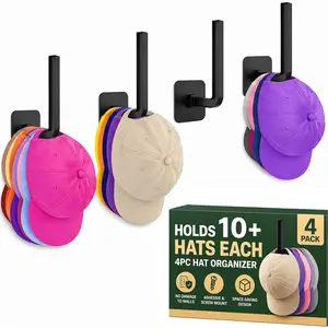 Hat Organizer 4 Pack, Hat Rack for Baseball Caps Holds 10+ Caps Each, Hat Hooks for Wall,  Adhesive & Screw Mount Hat Holder, Space Saving Storage for Closet Door Bedroom, RV Accessories, Black