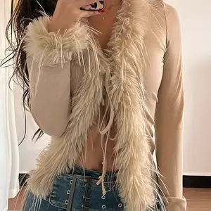 Women's V Neck Open Front Cardigan, Faux Fur Patchwork Design, Fall & Winter Fashion, Sexy Casual Knitwear Outerwear