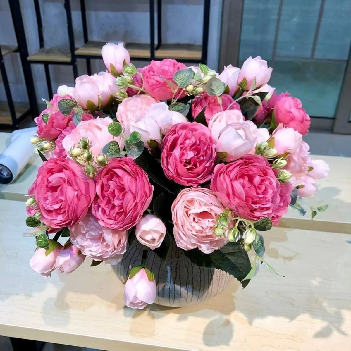 4 Bundles White Silk Peony Artificial Floral Bouquets with Small Faux Eucalyptus - Bride’s Floral Decor, 12.5" Table Fill, Artificial Pink Flower Arrangement for Home Dining Table Centerpieces & Wedding Use, Faux Fruit