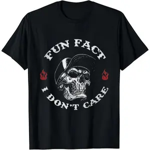 FUN FACT I DON'T CARE Skull Print Black Cotton T-Shirt Soft Crew Neck Shortsleeve Casual Graphic Tee for Men Comfortable Versatile Everyday Wear