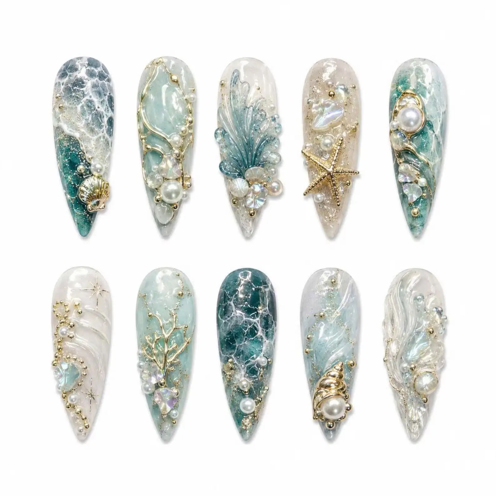 Seafoam Pearl Goddess Press On Nails – Ocean Marble Stiletto with Gold Shells & Starfish