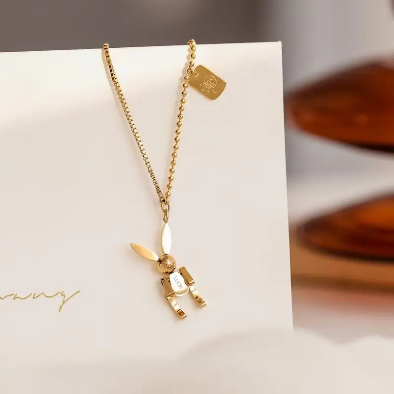 whimsical jewelry,  Art-designed necklace, Hypoallergenic, with adjustable size, gift for women and girls, Design-inspired bunny necklace creative pendant with movable hands and feet, mechanical bunny necklace