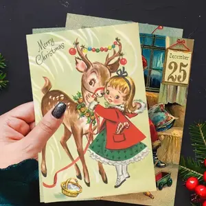 Vintage Christmas Angel Santa Postcard Set, Note Cards, Custom Message Card, Retro Gift for Friends, Reindeer, Christmas Tree, 12 Pieces