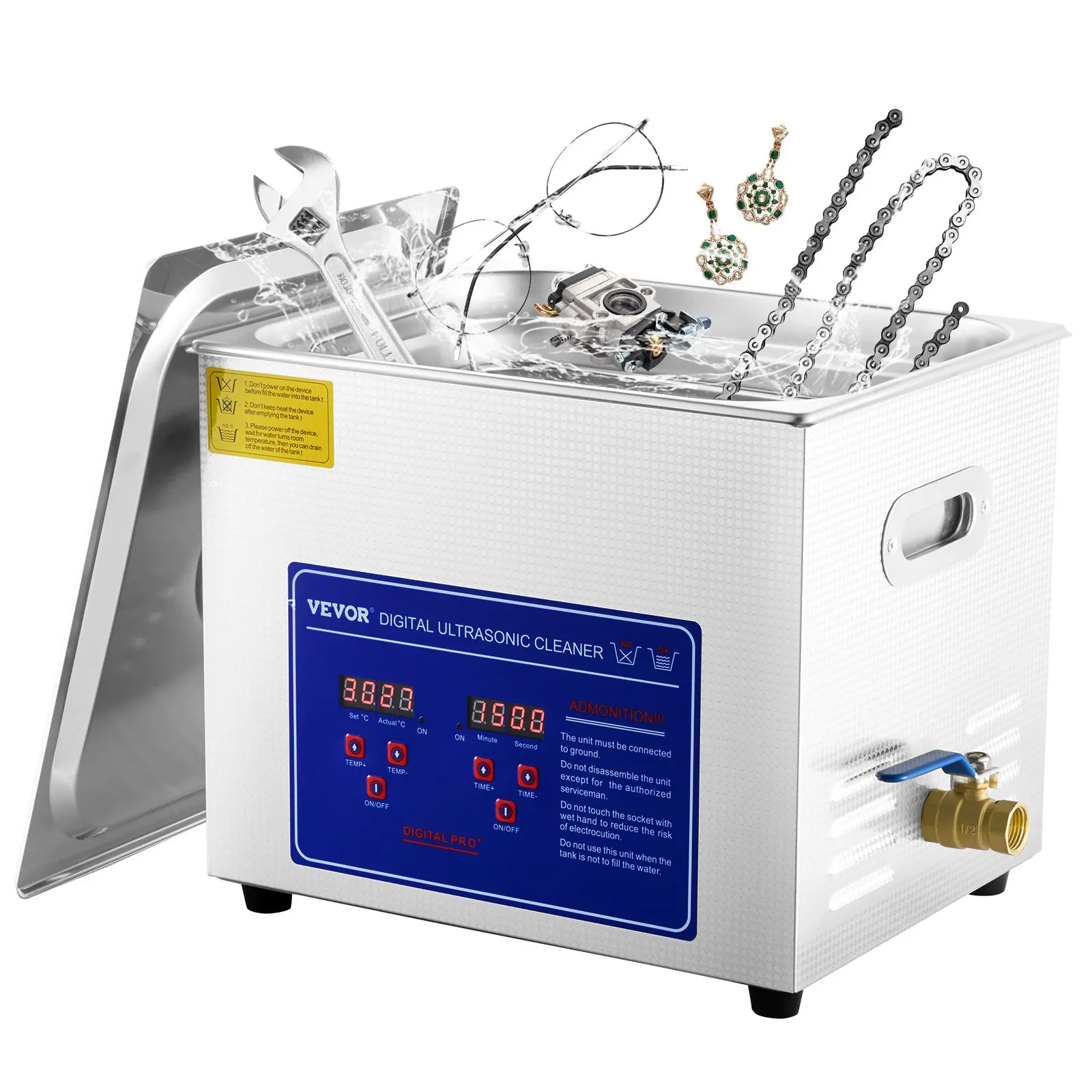 VEVOR 10L Stainless Steel Ultrasonic Cleaner, 40kHz 240w-300w Industrial Sonic Cleaner with Digital Timer, Heater, Basket, Advanced Transducer, Convenient Design for Rings, Eyeglasses (12.99x10.63x10.83 inch)