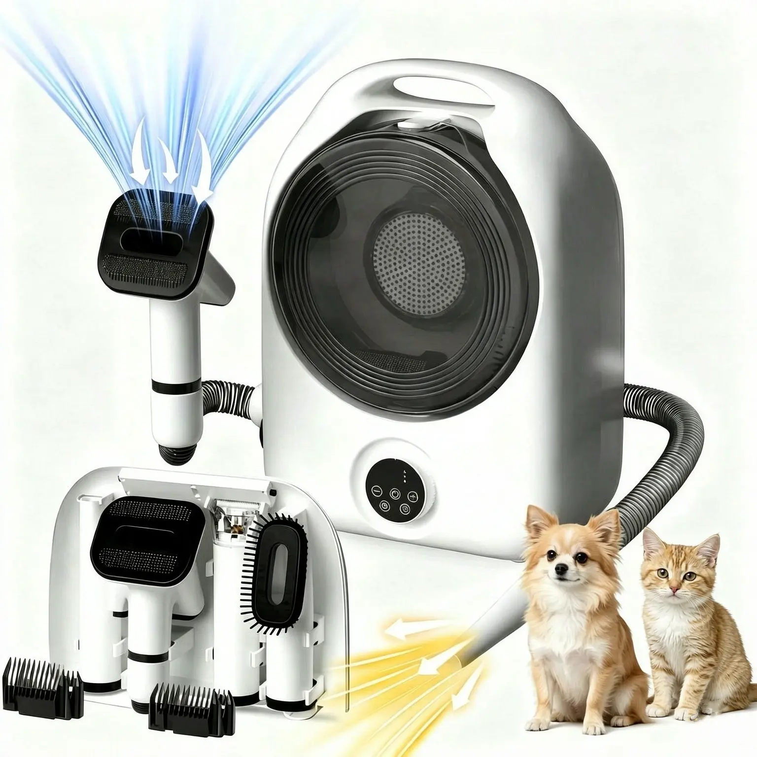 5-in-1 Professional Pet Grooming Kit - Pet Hair Vacuum, Blow Dryer, Low Noise Under 60dB Dog Clipper with 5 Wind Settings, LCD Temperature Control for Dogs & Cats of All Hair Types