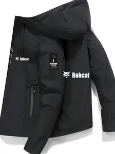 Men's Fashion Jacket with Bobcat Logo, Stylish Zipper Pockets, Casual Hooded Design, Polyester Material, Spring & Fall Wear