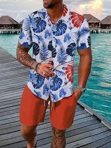 Men's Blue-White-Red Tropical, Floral Plant Print Casual Set - Short-Sleeve Lapel Shirt + Orange-Red Drawstring Shorts, Lightweight Breathable Fabric, Vacation-Style Fit, Ideal for At-Home Lounging, Backyard Coffee Break Shorts Sets Outfits