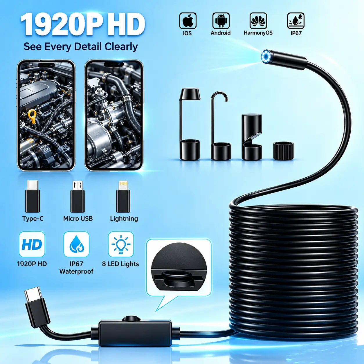 1920P HD Portable Automotive Inspection Camera - Car Repair Tools, 400 Resolution, 8 Adjustable LED Lights, 11.48ft Semi-Rigid Snake Cable, IP67 Waterproof, Plug & Play for iPhone Android (Car Inspecting, Home Repair)