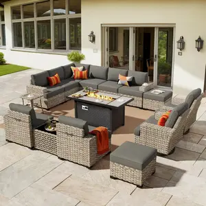 POUUIN Modern Boneless Sectional Outdoor Patio Furniture Set - 360° Swivel Rocker, Fire Pit Table, LED Light Table, UV-Resistant Wicker, Foam-Padded Water-Resistant Deep Seats, Ideal for Homeowners’ Outdoor Lounges, Boneless Sectional Couch