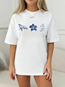 Sea Turtle Flower Seashell Graphic Tee Women Oversized Loose Fit Crewneck Short Sleeve Summer Beach Vacation Casual Cute Trendy T Shirt