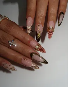 Handmade Brown Croc Leopard Press On Nails, Gold Chrome 3D Nail Art