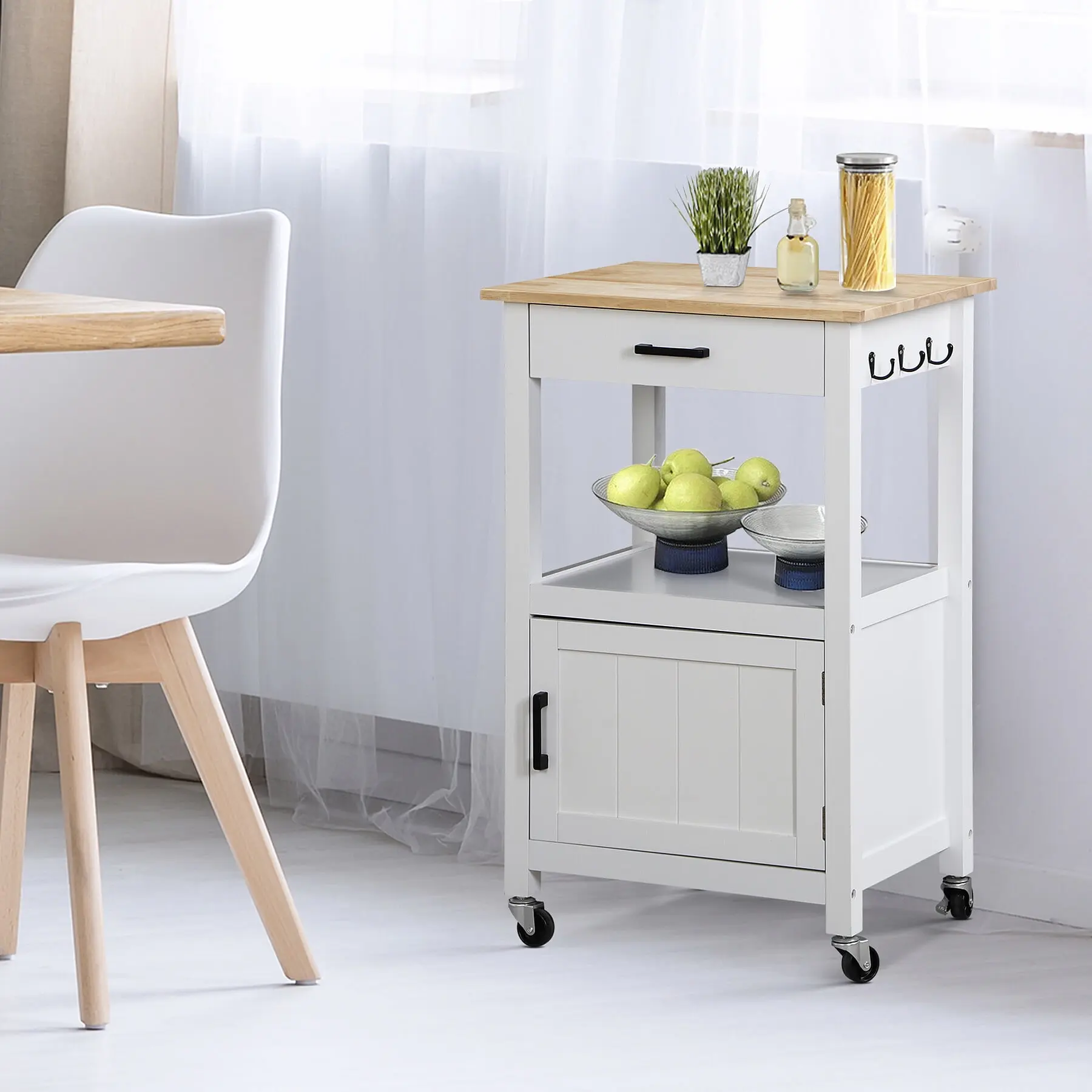 Segawe Smooth Rolling Lockable Wheels Kitchen Cart - MDF Frame Microwave Stand Island, Metal Organizer with 3 Hooks, Racks, Drawer, 77lbs Max Load, White Wood Finish, With Lock
