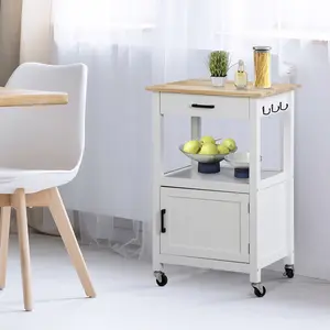 Segawe Rolling Kitchen Cart with 3 Hooks MDF Frame Microwave Stand Island, White