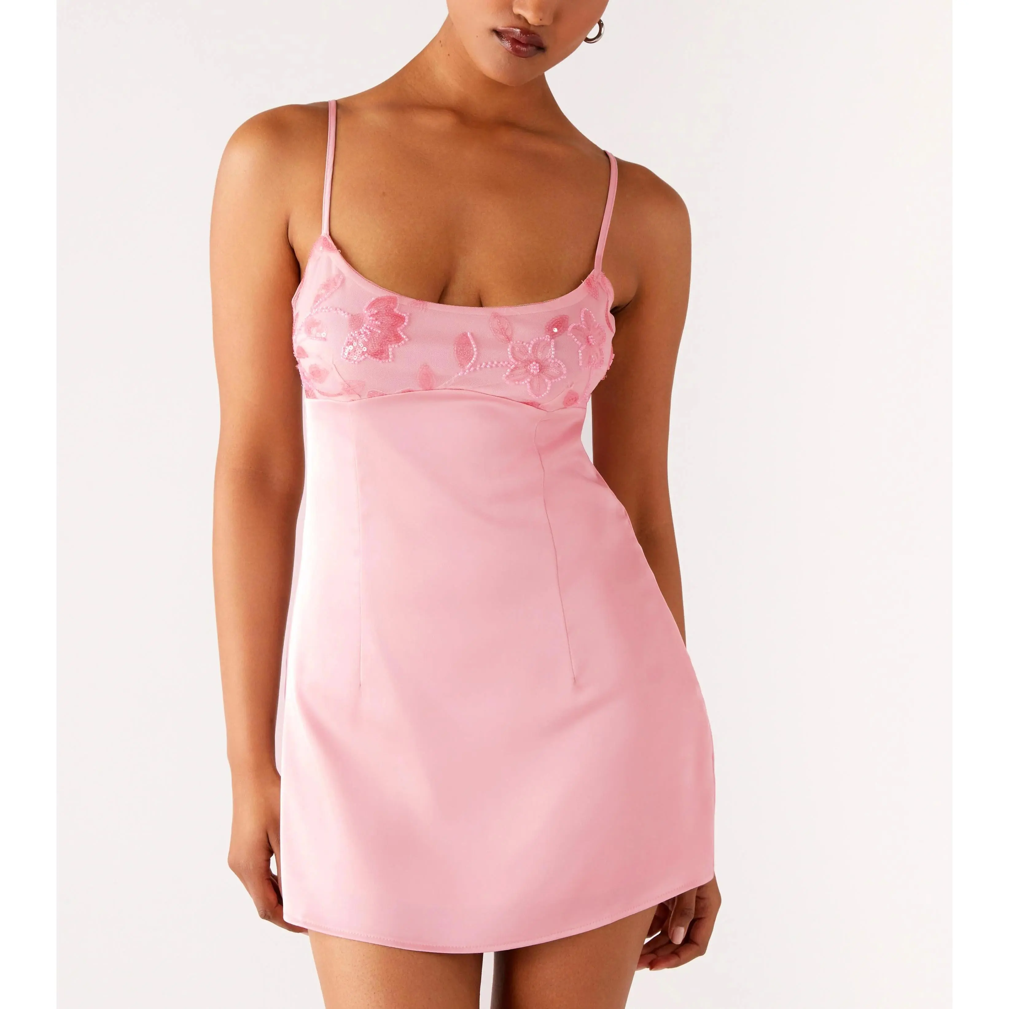 Women's Casual Sleeveless Mini Cami Dress - Square Neck, Spaghetti Straps, Stylish Sequin Flower Embroidery