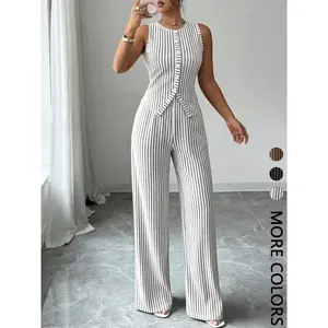Elegant Commute Style Set, Sleeveless Round Neck Buttoned Slim Vest + High Waist Loose Straight Leg Pants, 2 Piece