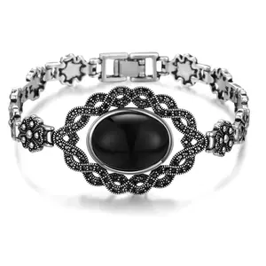 MYTYS Vintage Bracelet for Women Black Onyx Chain Link Rose Flower Design Marcasite Bangle Jewelry Gift Elegant Statement Piece