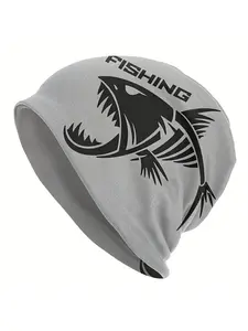 Men's Fishing Skullie Beanie Hat with Angry Fish Graphic  Light Grey Novelty Design Breathable Warm for Outdoor Fishing Trips