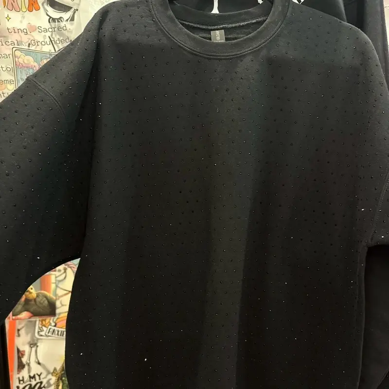 Black on Black Rhinestone Sweatshirt - Sparkling Detailing Design Womenswear Tops Pullover Elegant Evening