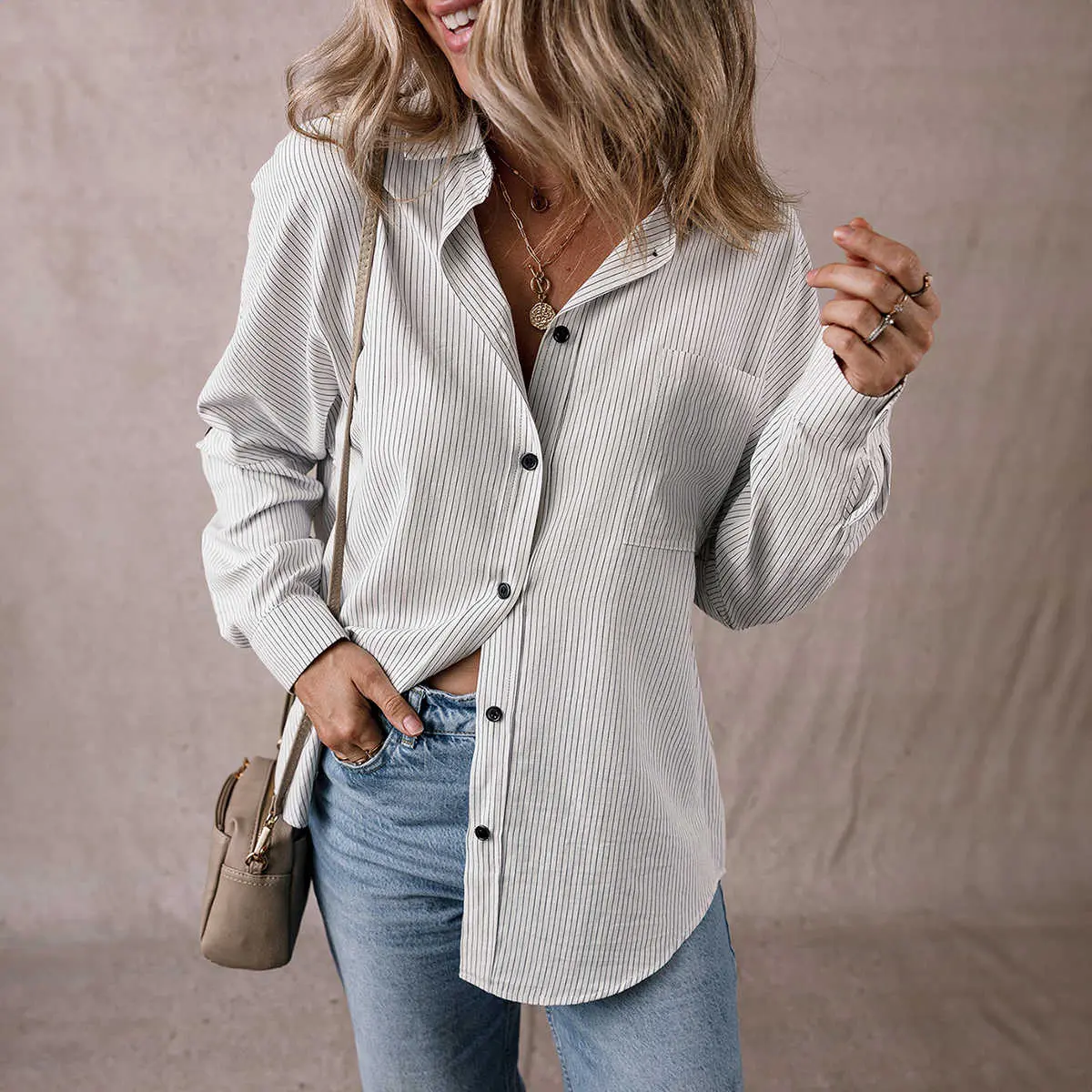 DEAR-LOVER Stripe Roll-tab Sleeve Pocketed Long Shirt